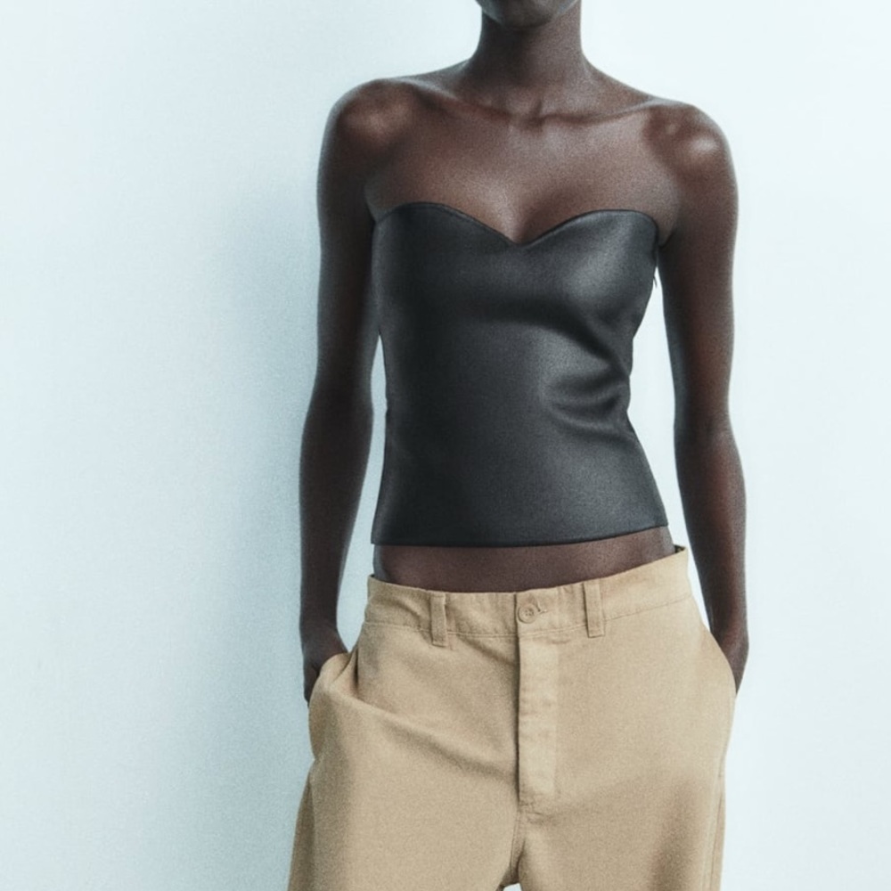 Zara NWT black patent faux leather sweetheart neck bandeau strapless tube top - Picture 2 of 7